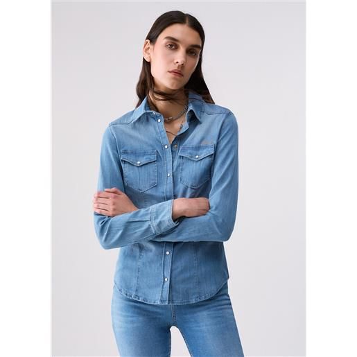 Liu jo camicia in denim con ricamo, denim blu