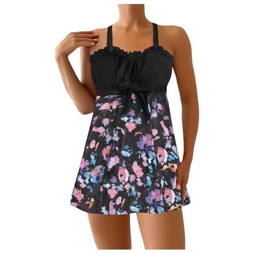 Omichic Costume Tankini 2 Pezzi Donna Con Pantaloncini E Controllo Pancia - Scollo A V E Spalline Regolabili