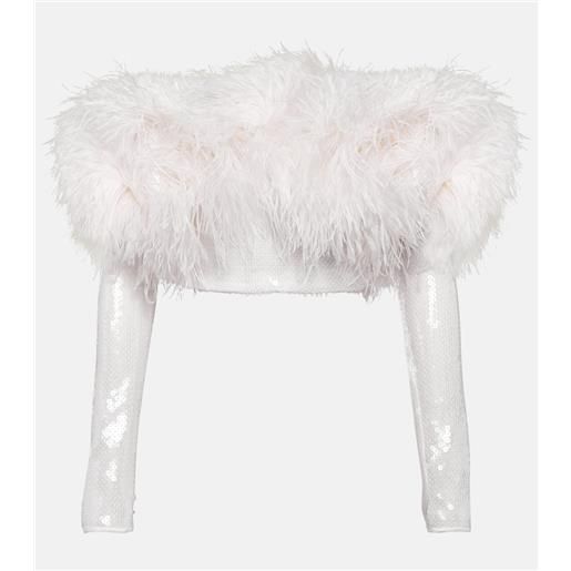 David Koma top cropped con paillettes e piume