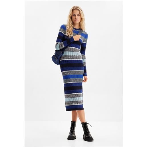 Desigual, abito midi costine rigate, blu, l