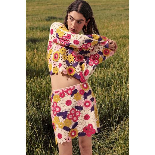 Desigual, maglione all'uncinetto multicolore, donna, bianco, l