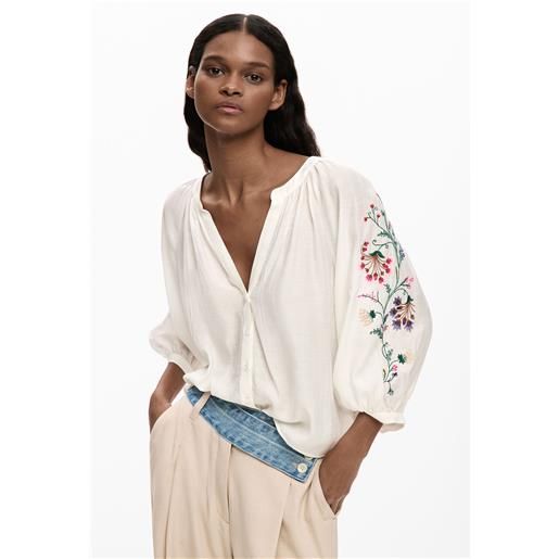 Desigual, blusa maniche ricamate, donna, bianco, xl