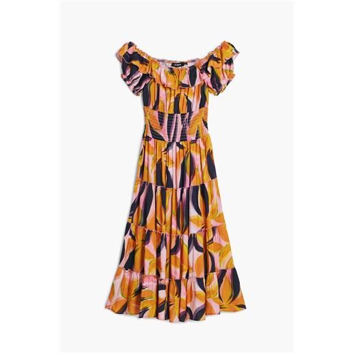 Desigual, abito bardot con volant, viscosa, rosso, l