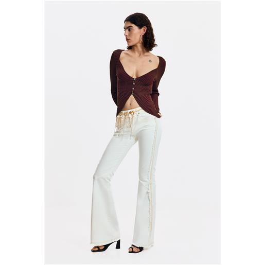 Desigual, jeans sfilacciati a zampa, donna, cotone, bianco, 34