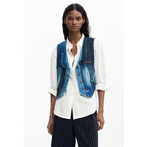 Desigual, gilet in denim patchwork, cotone, blu, l