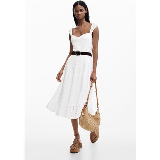 Desigual, abito midi ricamato, donna, cotone, bianco, xl