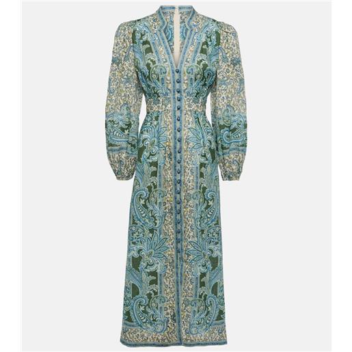 Zimmermann abito midi ottie plunge in lino con stampa