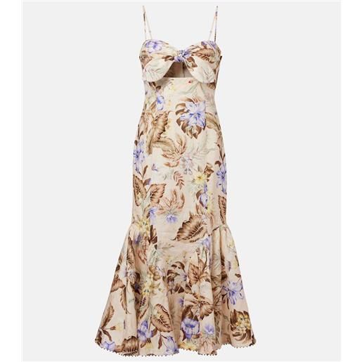 Zimmermann abito midi coco in lino con fiocco e stampa floreale