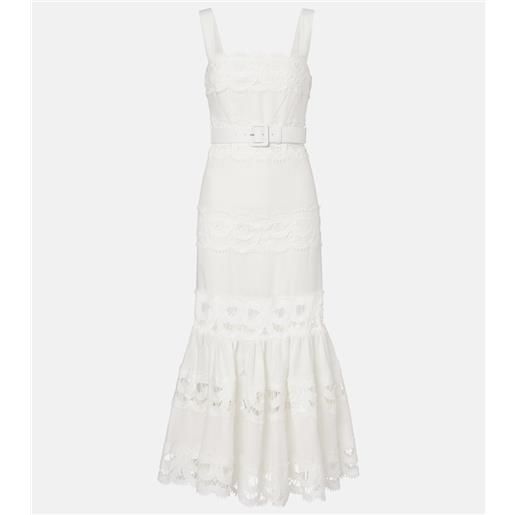 Self-Portrait abito midi in lino e cotone con pizzo