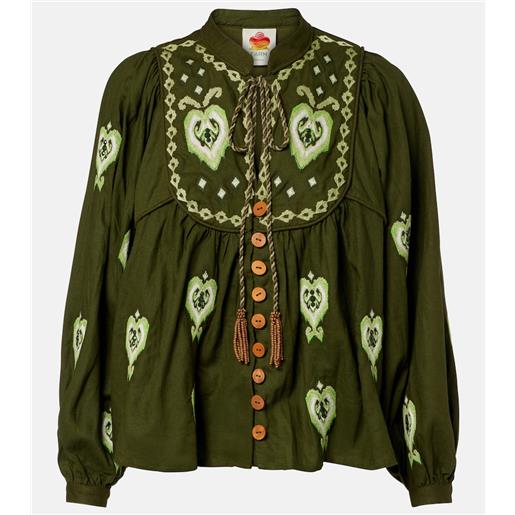 Farm Rio blusa in misto lino con ricami