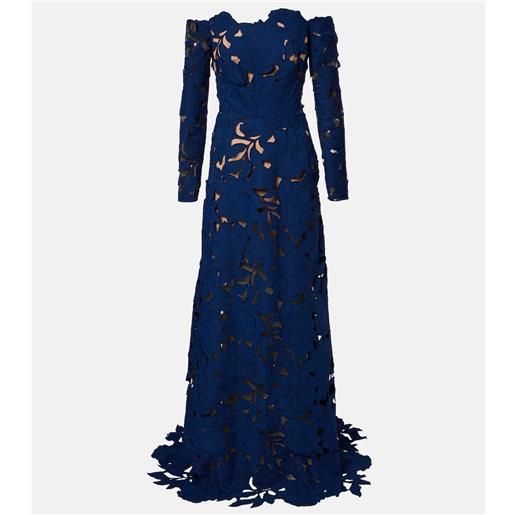 Costarellos abito lungo in pizzo guipure con scollo bardot