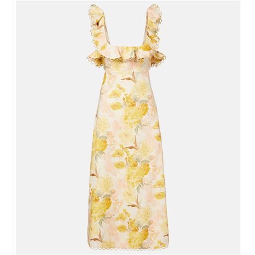 Zimmermann abito midi como in lino con volant e stampa floreale
