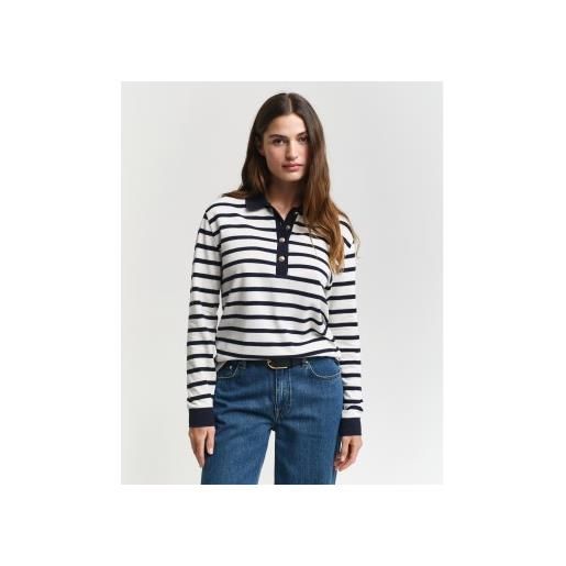 Gant per donna. 4200556 polo in piqué a maniche lunghe a righe bretoni bianche e blu scuro [3223519], bianco, casual, cotone, manica lunga, 