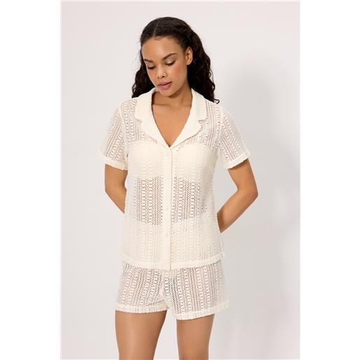 Ysabel Mora camicia a maniche corte beige traforata