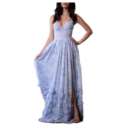 Generic donna boho floreale chiffon abito lungo, spalline sottili schiena scoperta spacco volant a balze abito da sera, a, s