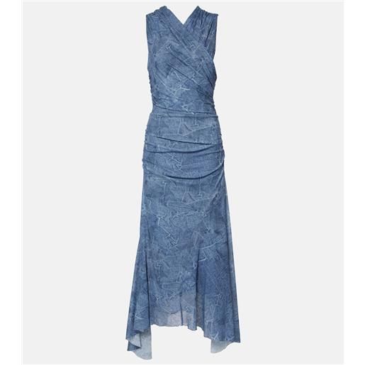 Ganni abito lungo in mesh con stampa e ruches
