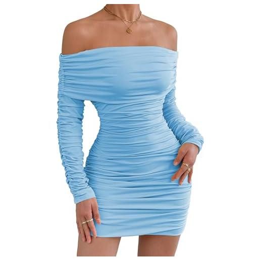 Adigau vestito da donna miniabito aderente a maniche lunghe elegante abito con spalle scoperte vestito sexy da festa abito da cocktail corto blu m