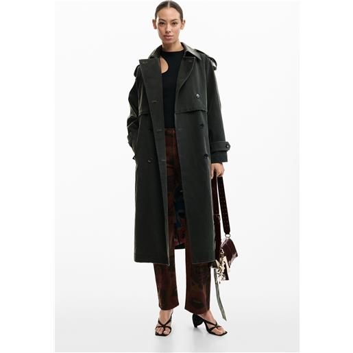 Desigual, trench coat effetto scamosciato, poliuretano, nero, l