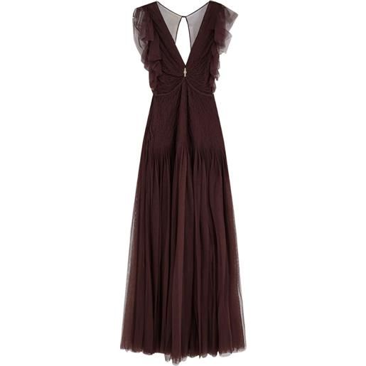 Elisabetta Franchi abito lungo con scollo a v e ruches - marrone