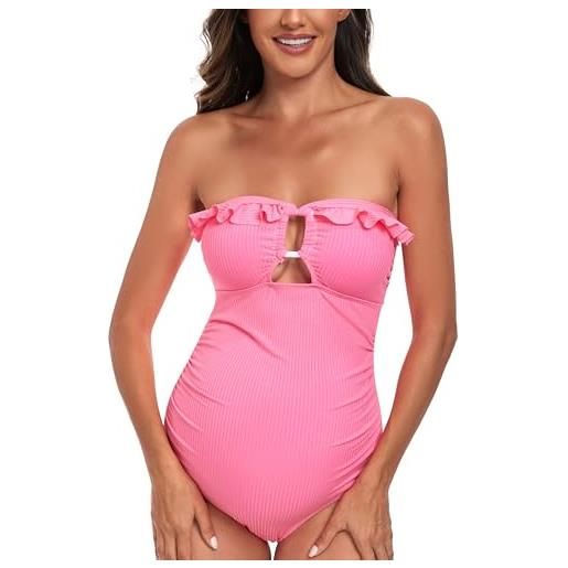 EastElegant costume da bagno premaman con volant a costine ritagliato un pezzo costume da bagno quadrato anello collegato gravidanza, blu, l