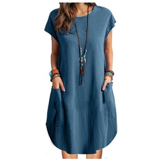 ZANZEA abito in lino da donna, estivo, casual, girocollo, a maniche corte, lunghezza al ginocchio, leggero, mini abito, blu, 3xl