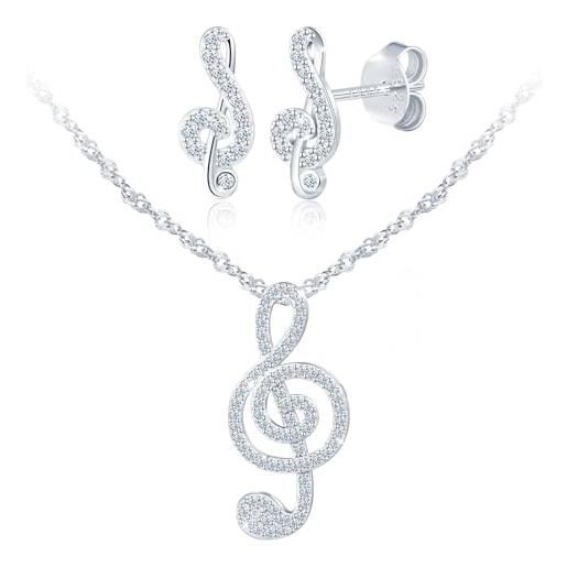 URONE Collana Con Note Musicali E Giglio, Argento 925, Ciondolo Chiave Di Violino 25mm, Catena 45+5 Cm