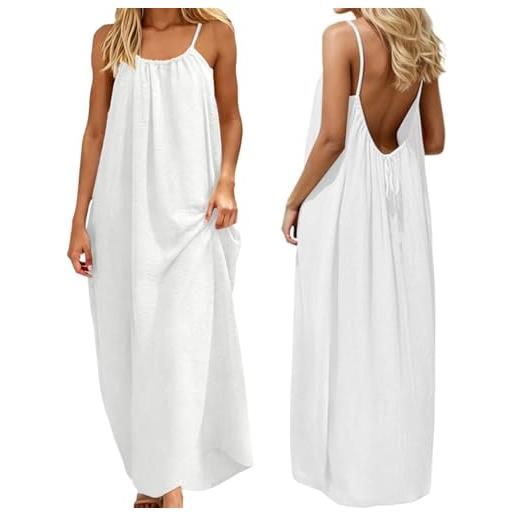 ABINGOO vestito estivo donna lungo lino abito casual tinta unita senza maniche loose maxi abiti senza schienale con cordino(marrone, s)