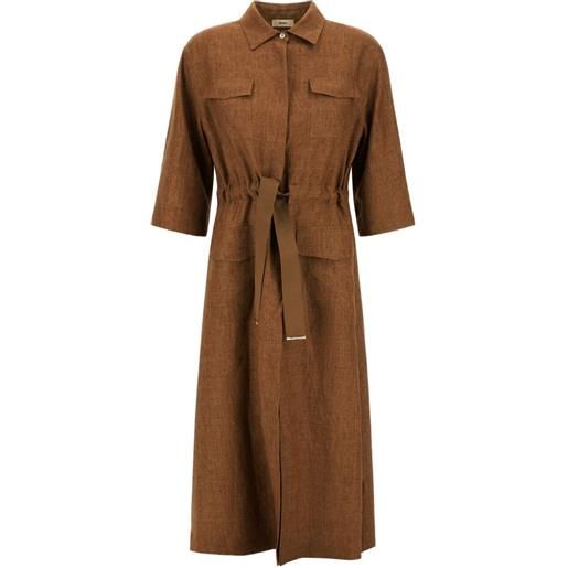 Herno abito midi in lino con coulisse - marrone