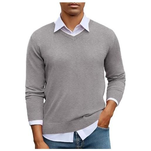iClosam maglione con scollo a v da uomo, classico maglioni a maniche lunghe con contrasto di colori, traspirante maglioncino da uomo in misto cotone lavorato a maglia, grigio scuro