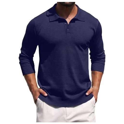 Hisir polo da uomo, a maglia, a righe, a maniche lunghe, con colletto polo, basic, tinta unita, per lavoro, autunno, inverno, bianco, m