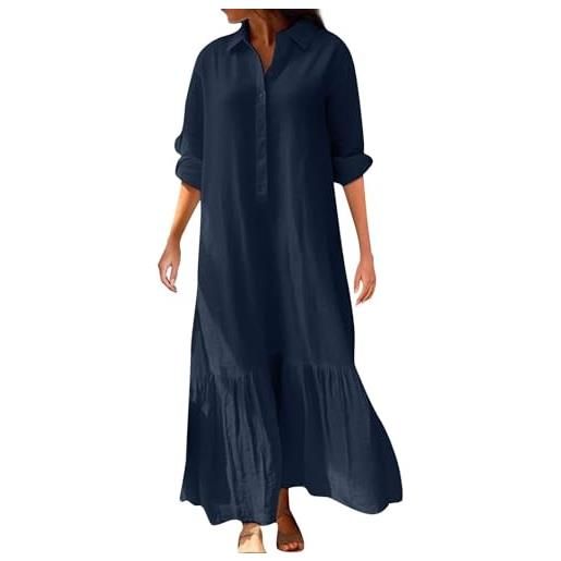 Generic vestiti eleganti donna casual abito elegante women cotton linen up maxi dress with pocket long sleeve summer casual beach shirt dress abito lungo donna elegante vestiti estivi curvy (dark blue xxxl)