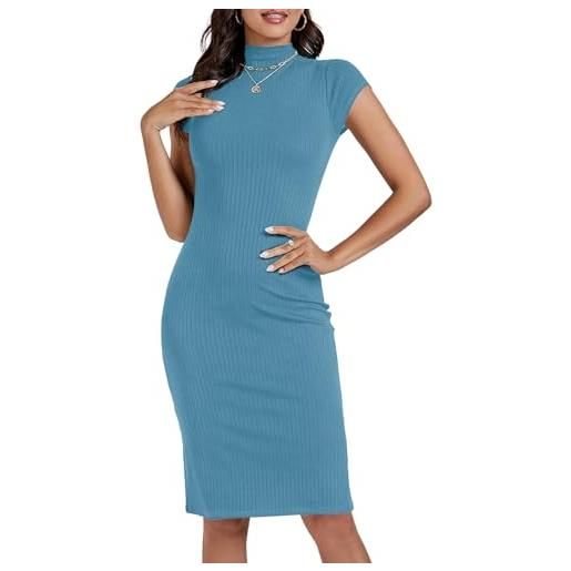 Umenlele elegante abito longuette aderente a costine a maniche corte con collo a lupetto, blu, xl