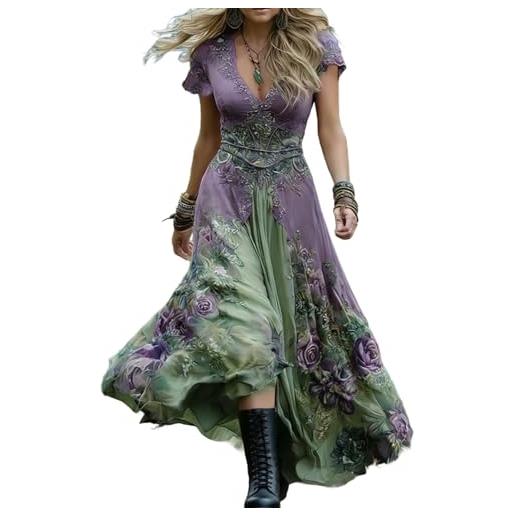 NZYIHAO abito boho da donna, sexy, con scollo a v, elegante, a maniche corte, slim fit, abito da spiaggia, linea ad a, per il tempo libero, asimmetrico, verde, l