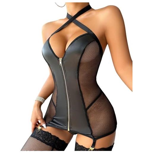 ROSVAJFY mini abito sexy da donna, in lattice, in pelle laccata, effetto bagnato, con chiusura lampo, senza maniche, per discoteca, da cocktail, da donna, taglie s-xl, nero , m