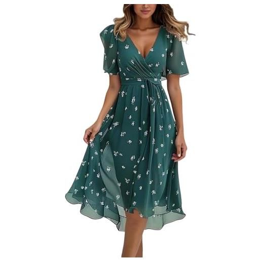 LZPCarra abito estivo da donna, lunghezza al ginocchio, elegante, abito midi da donna, estivo, a maniche corte, per il tempo libero, con scollo a v, abito da spiaggia, in chiffon, da donna, casual, da sera