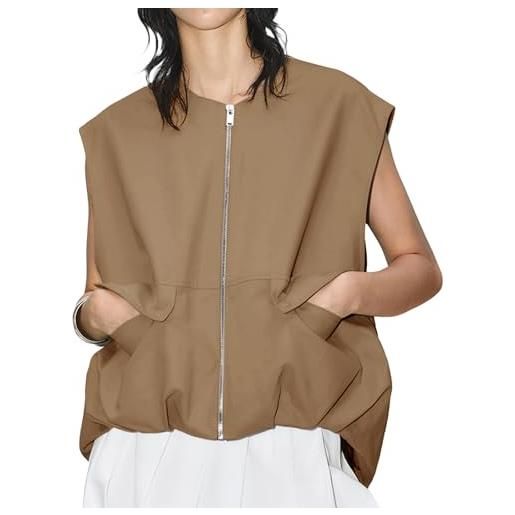 Yassiglia gilet estivo da donna, oversize, leggero, estivo, senza maniche, con cerniera, casual, streetwear, cammello, xl