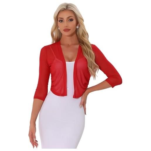 Allegra K donna coprispalle elegante bolero in chiffon trasparente maniche a 3/4 cardigan in rete giacca corta estivo rosso s