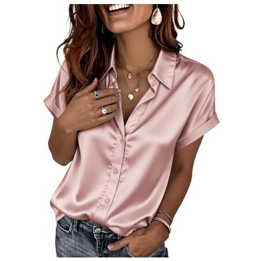 Zeagoo camicetta in seta da donna, a maniche corte, in raso, con bottoni, casual, con scollo a v, da lavoro, rosa polvere, xl