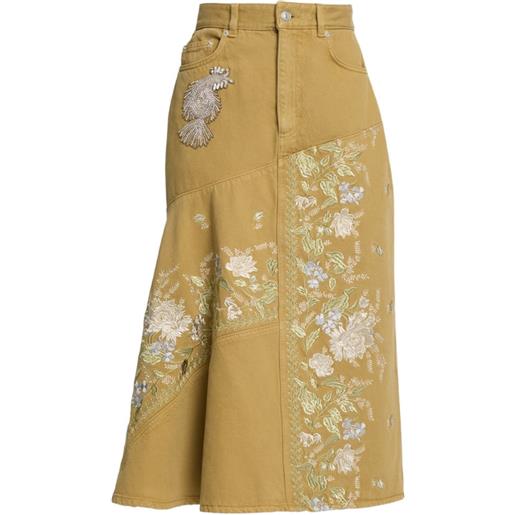 ERDEM floral-embroidered denim midi skirt - giallo