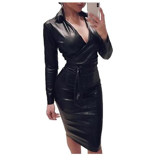 CRITOR abito aderente in pelle nera abito lungo da donna in ecopelle con scollo a v a maniche lunghe