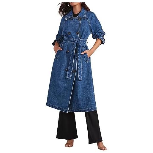 CHARTOU trench da donna in denim, doppiopetto, lungo, con cintura, giacca in jeans, blu, large