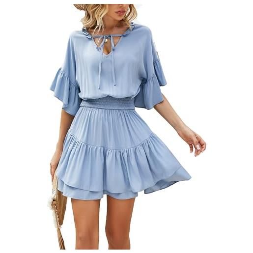 HOMEYEE vestito della signora elegante con scollo a v manica corta volant manica mini vestito da estate vestito casuale spiaggia abito da cocktail a357 (l, azzurro)