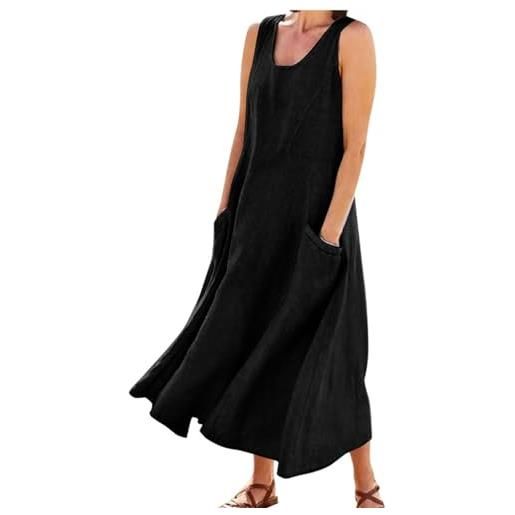 FEATEFACE abito lungo estivo da donna, in cotone e lino, senza maniche, elegante, con tasche, taglie forti, comodo e largo, nero , 5xl