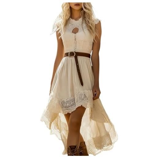 Minetom vestito lungo donna estivo scollo a v stile boho hippie vintage cowgirl abito maxi etnico da spiaggia mare casual largo comodo vacanza i bianco l
