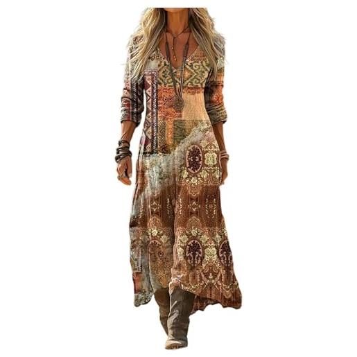 Generico vestito donna bohemien lungo abito boho chic scollo a v stampa etnica maniche lunghe vestito vintage casual elegante fluido per primavera estate