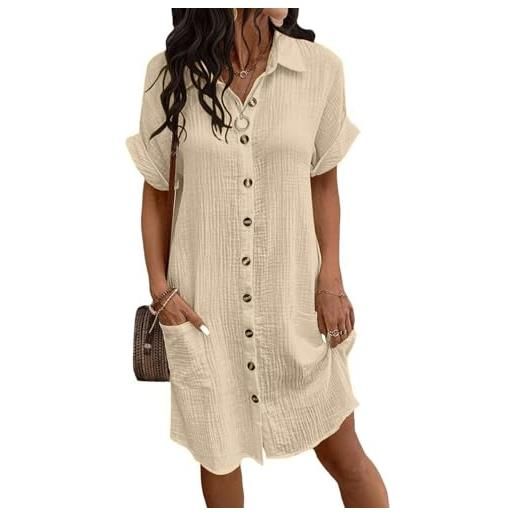 CheChury vestito estivo da donna mussola lunghezza al ginocchio casual da spiaggia leggero corte donna abito lino casual scollo a v al ginocchiocon bottoni con tasche piscina mare vacanza