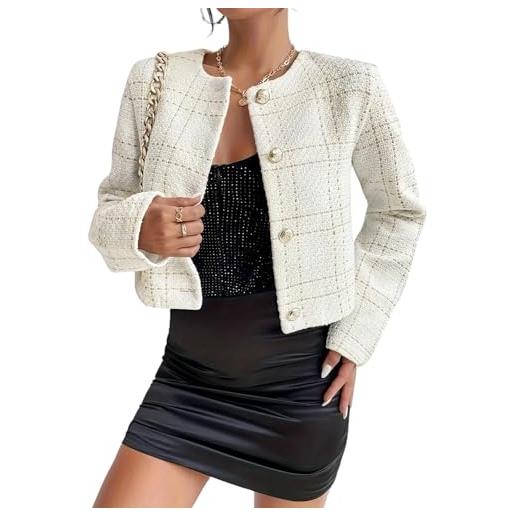 Goolecrimp blazer donna in tweed elegante moda a quadri modello manica lunga giacca rotonda workwear ufficio business blazer corto senza colletto vintage slim giacca casual (albicocca, s)