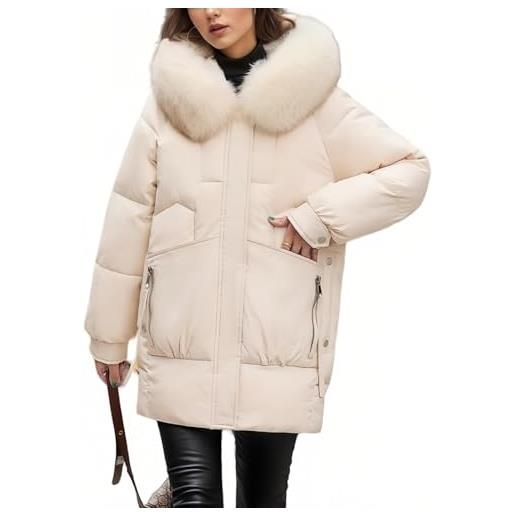Goolecrimp donna inverno con cappuccio piumino moda casual sciolto confortevole colletto dei capelli rimovibile ispessito caldo antivento piumino (bianco, xl)