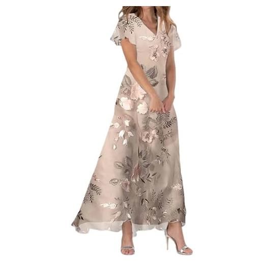 Generic abiti da donna, abito lungo a trapezio in chiffon floreale, manica corta, volant, scollo a v, alla moda, vita fluida