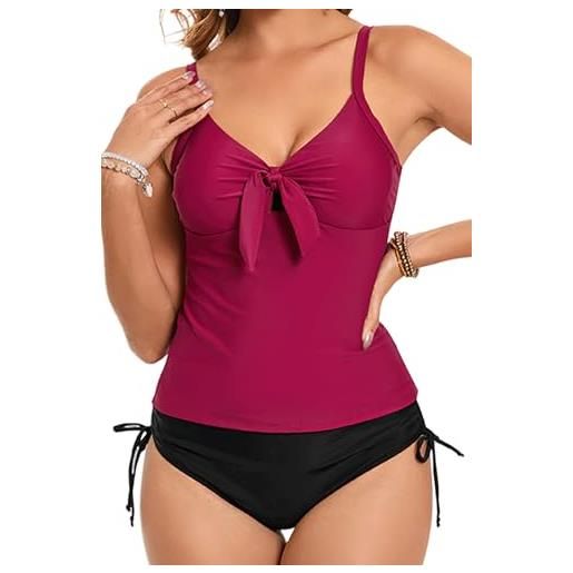 Tankini Costume Due Pezzi Con Gonna A Vita Alta E Reggiseno Push Up, Stampa Floreale, Taglie S-2XL